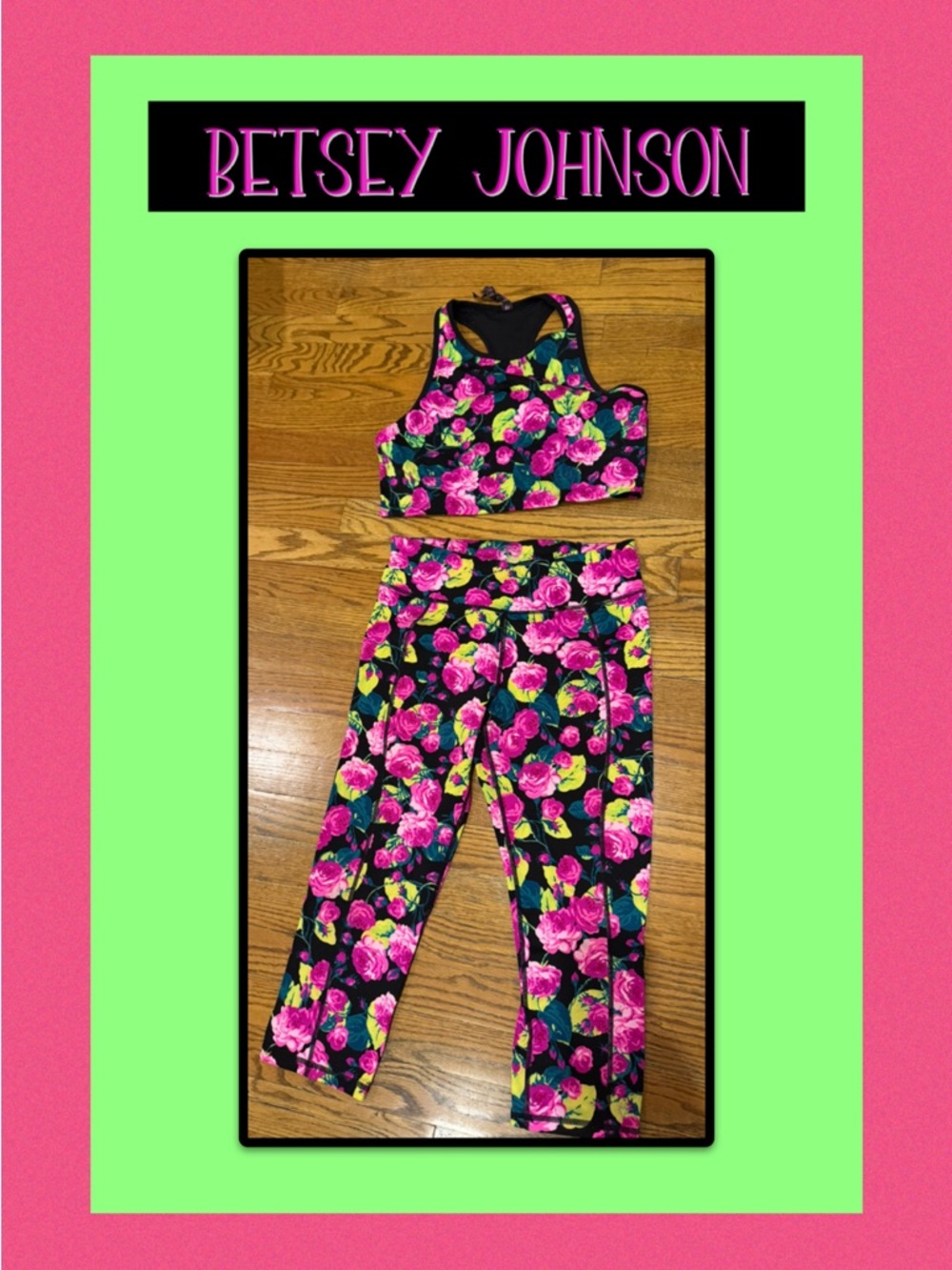 Betsey Johnson Black Leggings & Crop Top Set with Bright Pink Floral Print